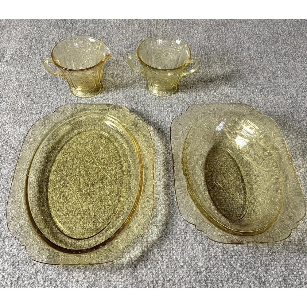 VTG Federal Madrid Amber Depression 4 pc Set Platter Serving Bowl Creamer Sugar